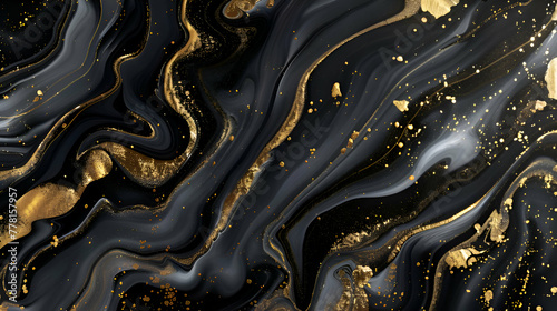 Black, golden grain ink marble abstract decorative background 