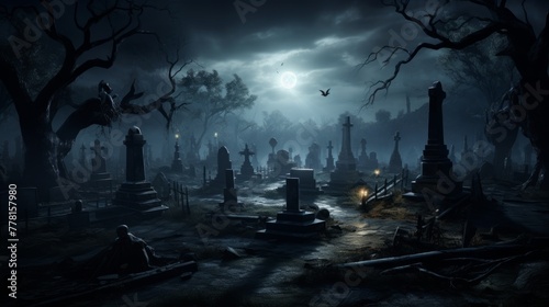 An eerie, moonlit cemetery with tombstones