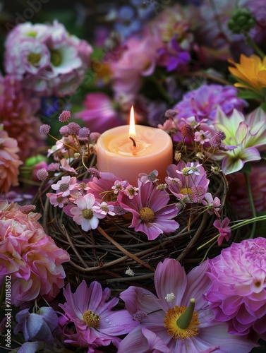 candle in a nest with flowers.