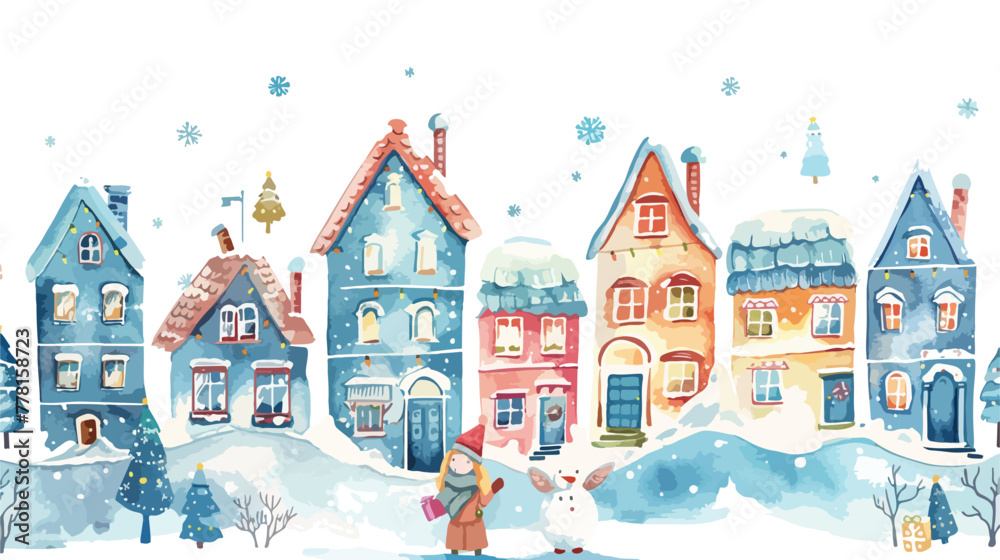 Winter town Christmas snow houses and angel girl. Han