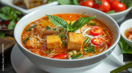 Traditional vietnamese spicy tofu noodle soup photo