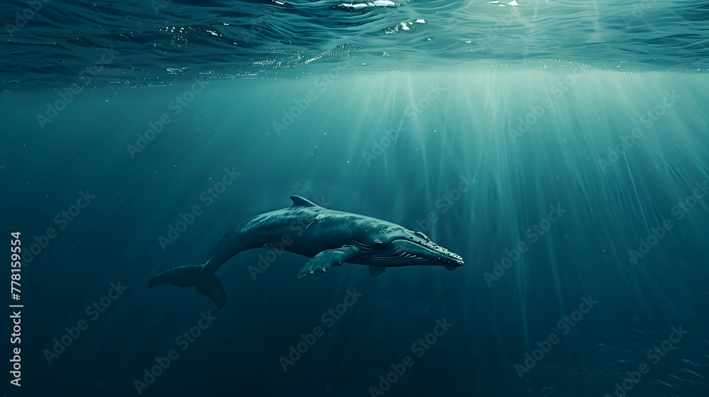 Fototapeta premium Majestic blue whale gliding through the ocean depths, surrounded by a shimmering blue expanse with subtle waves, offering a serene backdrop for copy space