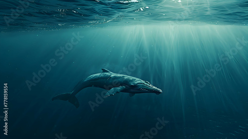 Majestic blue whale gliding through the ocean depths, surrounded by a shimmering blue expanse with subtle waves, offering a serene backdrop for copy space
