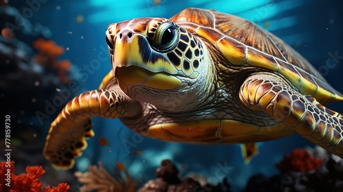 Turtles are swimming in the deep sea with coral rocks that look very exotic