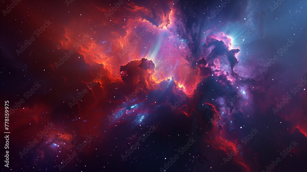 Stellar Nursery in Crimson and Sapphire. A mesmerizing stellar nursery, where stars are born, is depicted in a rich tapestry of crimson and sapphire hues, surrounded by cosmic dust