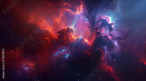 Stellar Nursery in Crimson and Sapphire. A mesmerizing stellar nursery, where stars are born, is depicted in a rich tapestry of crimson and sapphire hues, surrounded by cosmic dust