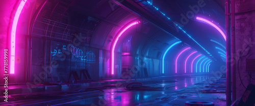 Neon-Lit Abandoned Industrial Hallway. Deserted industrial interior bathed in neon pink and blue lights, with urban graffiti and puddles reflecting the eerie glow.