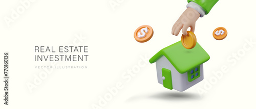 Investing in real estate. Realistic hand puts coin into green house