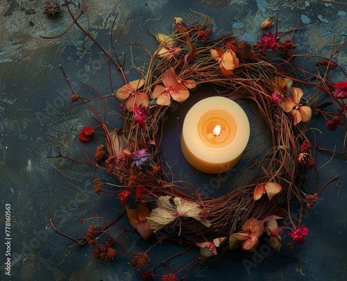 candle in a wreath of dried flowers.