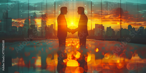 Double exposure of two businessman shaking hands with bokeh light city abstract backgrounds, business deals and congratulations on success concept.