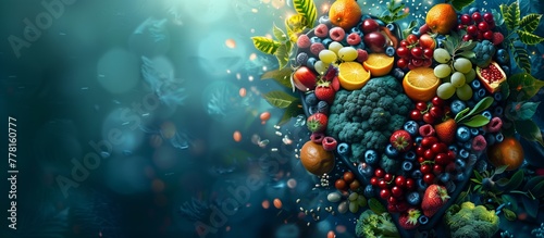 Immune System Defense shield-shaped organ surrounded by protective elements like fruits vitamins and antioxidants, symbolizing the role of the immune system in defending against illness