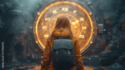 a woman with a backpack standing in front of a large clock in a dark room with smoke and fog around her.