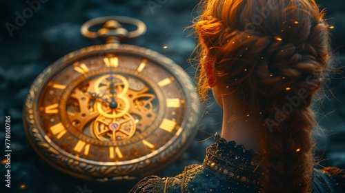 a close up of a person with a watch in front of a dark background with a glowing clock in the foreground.