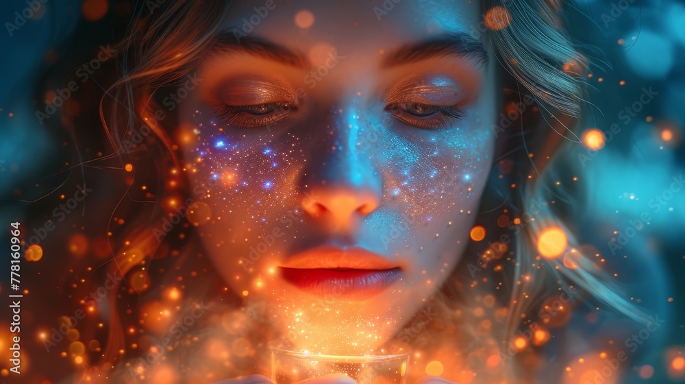a woman with her eyes closed holding a glass in front of her face and a star filled sky in the background. a woman with her eyes closed holding a glass in front of her face and a star filled sky in the background.
