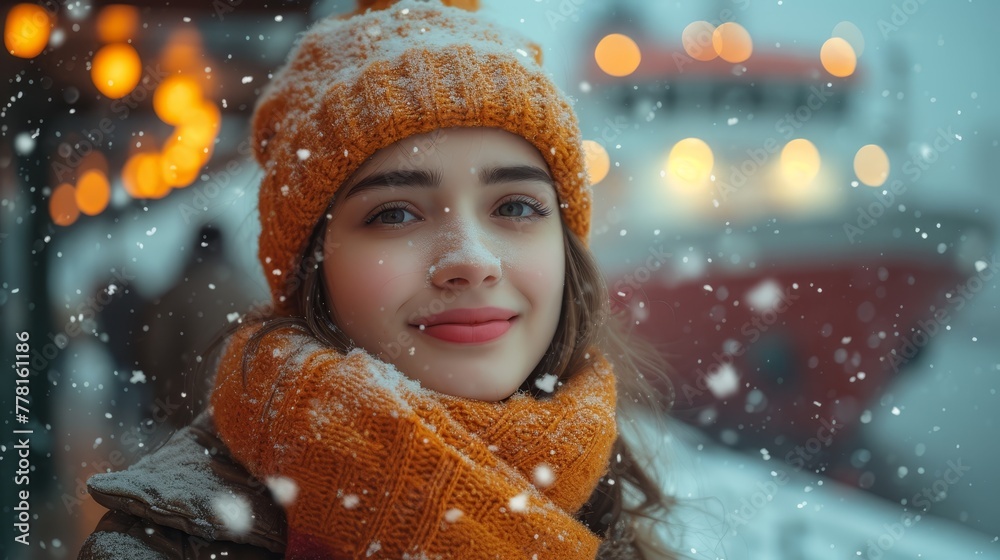 a young woman wearing a winter hat and scarf in the snow with her arms wrapped around her neck and smiling at the camera. a young woman wearing a winter hat and scarf in the snow with her arms wrapped around her neck and smiling at the camera.