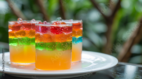 Colorful layered jelly dessert on white plate