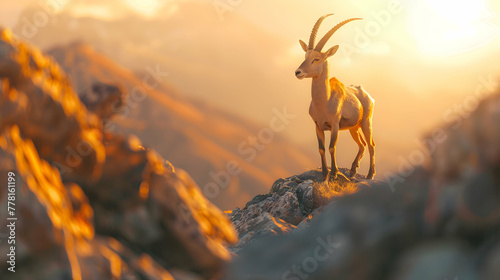 Majestic Ibex perched on rocky terrain, framed against a golden sunset with copy space and blurred mountainous backdrop