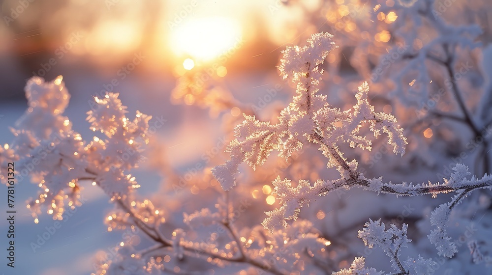 A close up of a tree branch covered in snow. The sun is setting in the background, casting a warm glow on the snow. Concept of tranquility and peacefulness