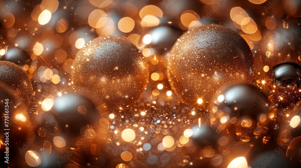 a group of shiny balls sitting next to each other on top of a black and gold glitter covered tablecloth.