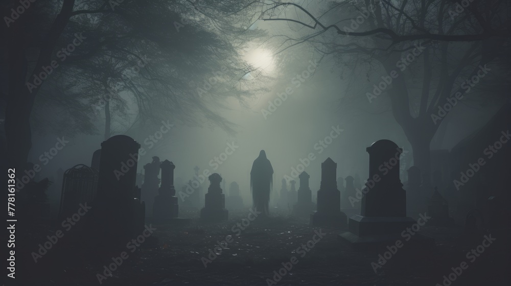 Mysterious ghostly figures wandering through a misty graveyard Mysterious ghostly figures wandering through a misty graveyard