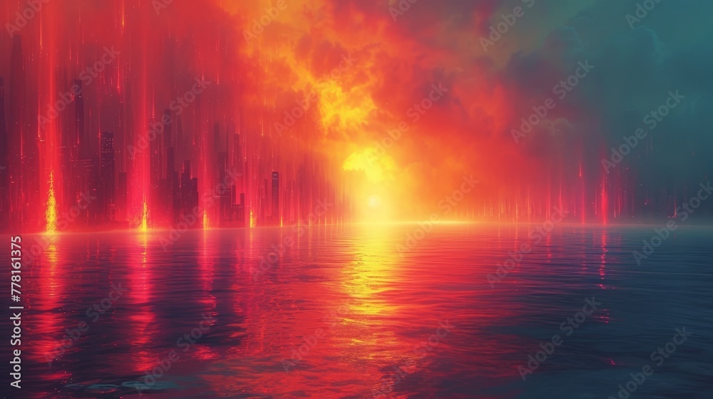 a painting of a sunset over a body of water with a city in the distance and red and yellow clouds in the sky.