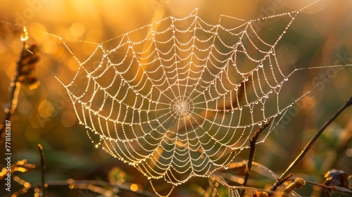A spider web is shown in the image, with a spider sitting in the center. The web is covered in dew, giving it a serene and peaceful appearance