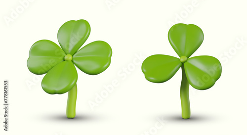 Green clover with three and four leaves. Vector set of 3D plants on white background