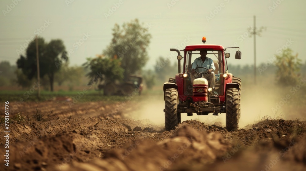 Man driving red tractor in dirt field with trees in background on sunny day in rural countryside landscape Man driving red tractor in dirt field with trees in background on sunny day in rural countryside landscape