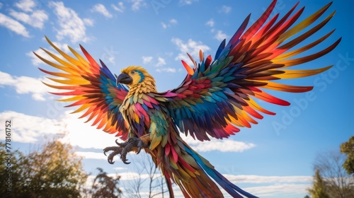 Rainbow phoenix spreads vibrant wings against a blue sky