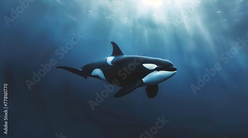 Majestic orca gliding gracefully through the azure depths, framed by a soft, ethereal blur of ocean currents © MistoGraphy