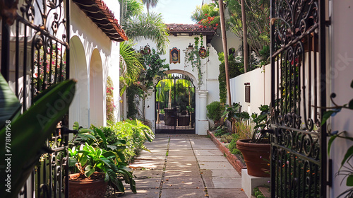 A colonial-style gate adorned with whitewashed walls and wrought iron accents  leading into a tranquil courtyard filled with colorful colonial architecture.