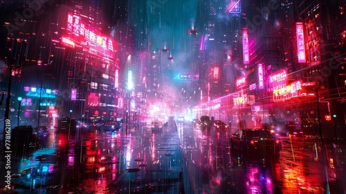 A neon cityscape with cars driving down a wet street. Scene is futuristic and vibrant