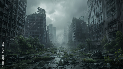 Apocalyptic cityscape with overgrown vegetation and abandoned buildings
