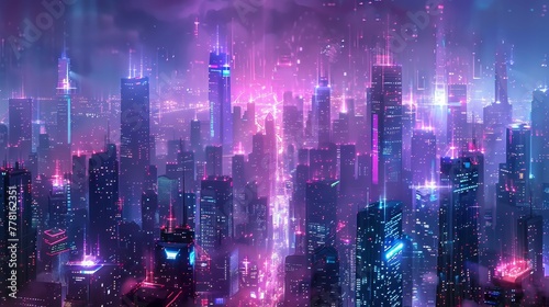 A cityscape with neon lights and a purple sky. Scene is futuristic and vibrant