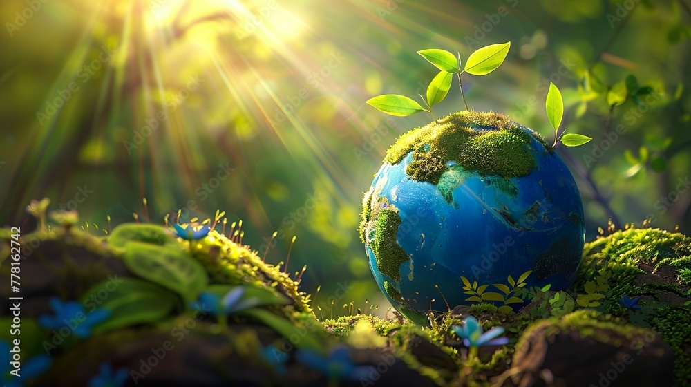 Green Earth with young leaves and green surroundings in a sunny forest