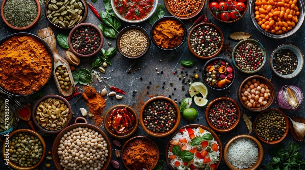 A table full of spices and vegetables. The spices are in bowls and the vegetables are in bowls as well