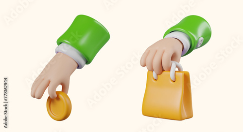 Set of buyers hands. Realistic hand holding gold coin, shopping bag