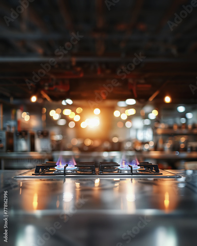 A professional bright kitchen with a blurred background - gas oven - orange tongues of blue flame of a gas burner