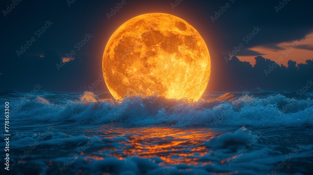 a full moon rising over a body of water with waves in the foreground and dark clouds in the background.