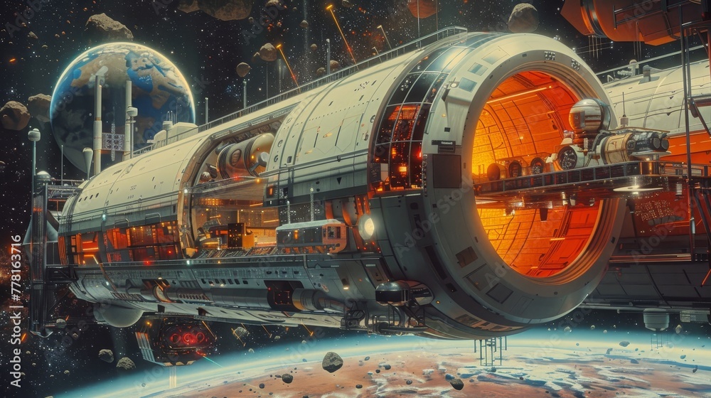 Naklejka premium A space ship with a large opening in the middle of it. The ship is surrounded by a lot of space debris