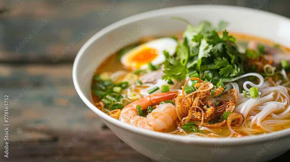 Traditional vietnamese pho with prawns and egg Traditional vietnamese pho with prawns and egg