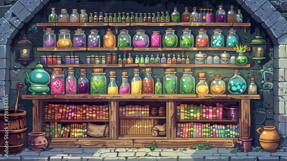 A colorful shelf filled with many bottles and jars, including some that say 