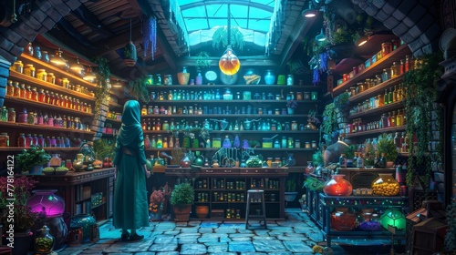 A woman stands in a room filled with many jars and bottles. The room is dimly lit, and the woman is looking at something in the distance