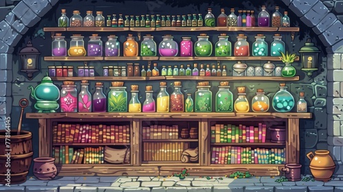 A colorful shelf filled with many bottles and jars, including some that say "magic" on them