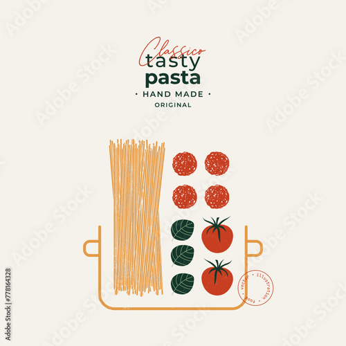 Minimalist illustration of pasta ingredients. Spaghetti with tomatoes and basil with meatballs. Vector illustration