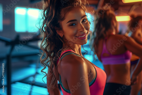 Modern Latina women aerobics class gym brunette slender slim woman enjoys herself smile, fun beaming with joy amidst a modern ambiance, natural lighting, warm charm, golden hour