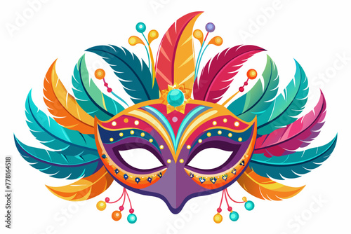 Fototapeta Naklejka Na Ścianę i Meble -  Festive carnival mask adorned with feathers and sequins, perfect for masquerade parties and themed events vector illustration