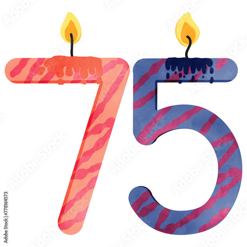 75th Birthday candle number, age, anniversary, burning candle number