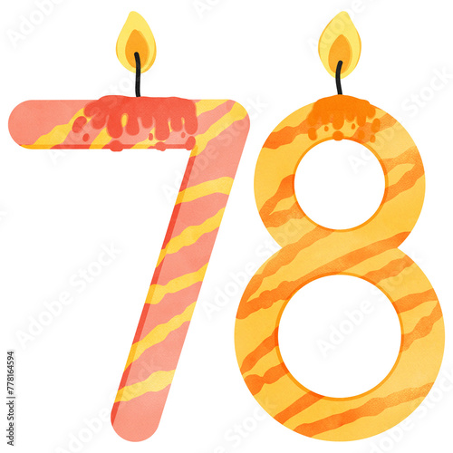 78th Birthday candle number, age, anniversary, burning candle number
