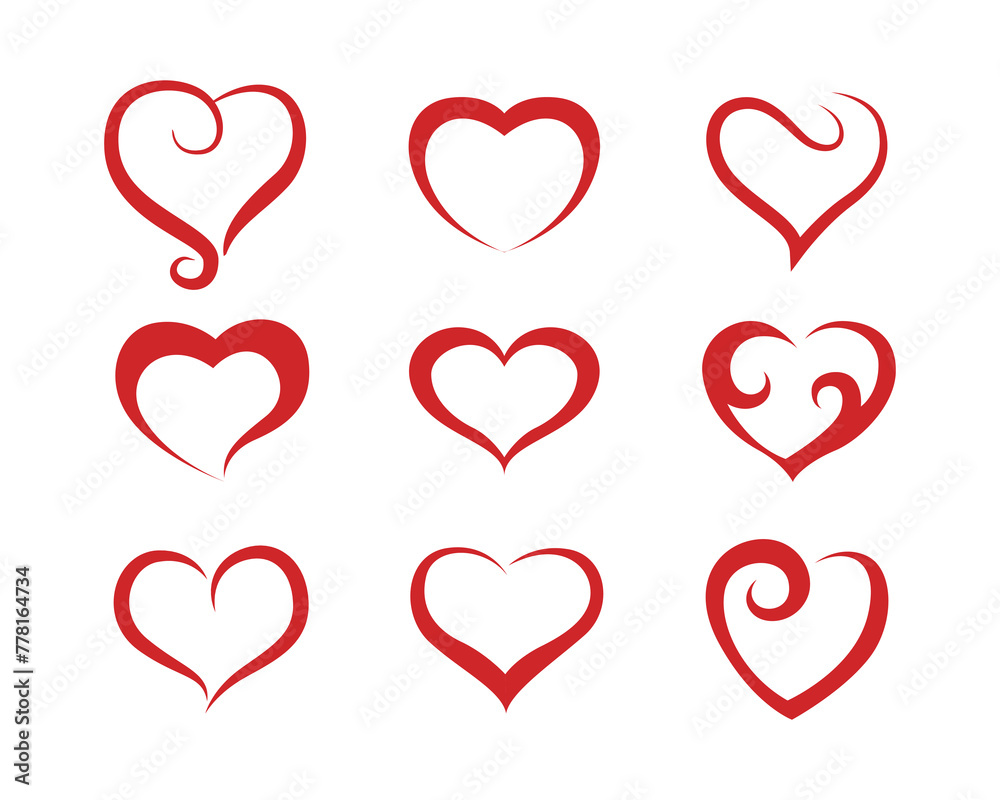 Set of red hearts on white background, Heart doodles style, Isolated heart, Romance and love vector illustration
